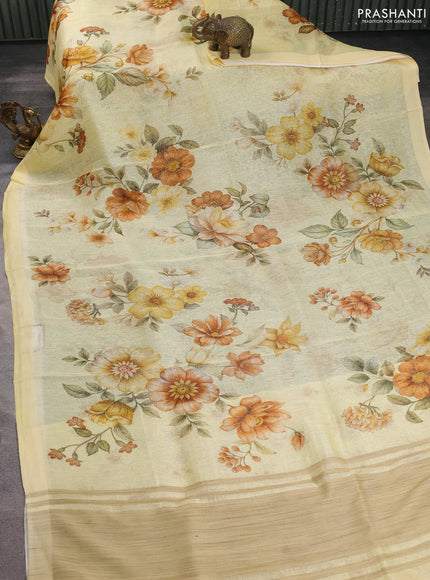 Pure linen silk saree pale yellow with allover floral prints and simple border