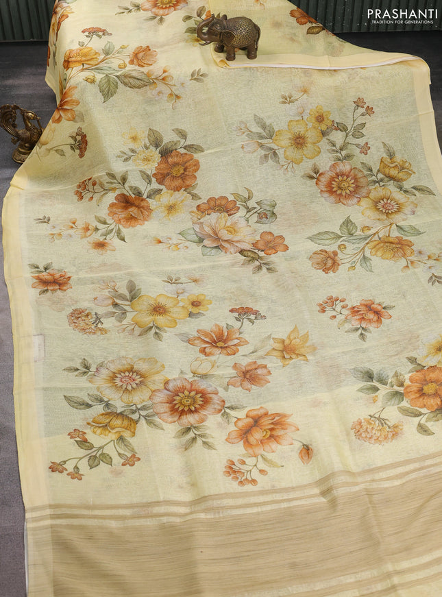 Pure linen silk saree pale yellow with allover floral prints and simple border