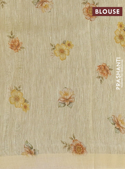 Pure linen silk saree pale yellow with allover floral prints and simple border