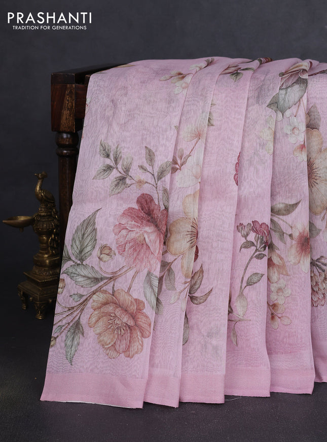 Pure linen silk saree pastel pink with allover floral prints and simple border