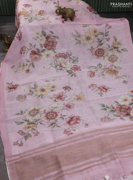 Pure linen silk saree pastel pink with allover floral prints and simple border