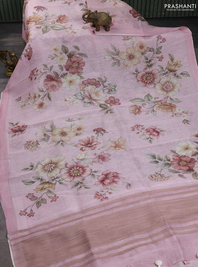 Pure linen silk saree pastel pink with allover floral prints and simple border
