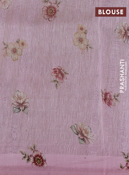 Pure linen silk saree pastel pink with allover floral prints and simple border