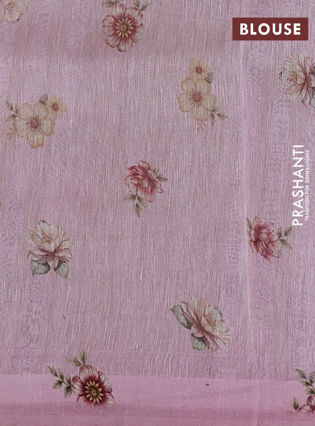 Pure linen silk saree pastel pink with allover floral prints and simple border