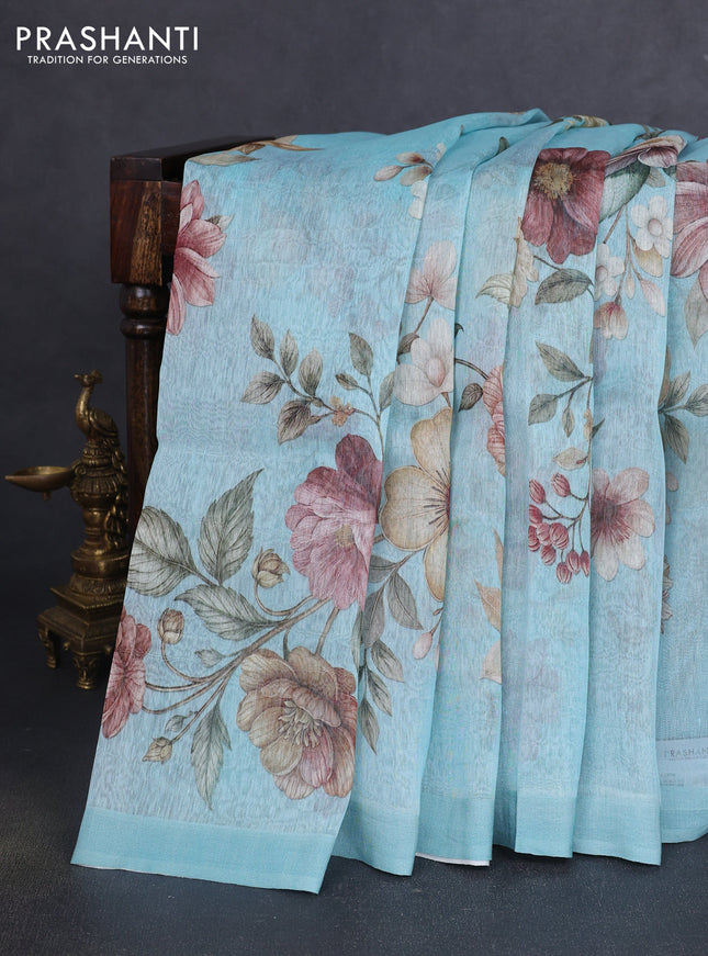 Pure linen silk saree light blue with allover floral prints and simple border