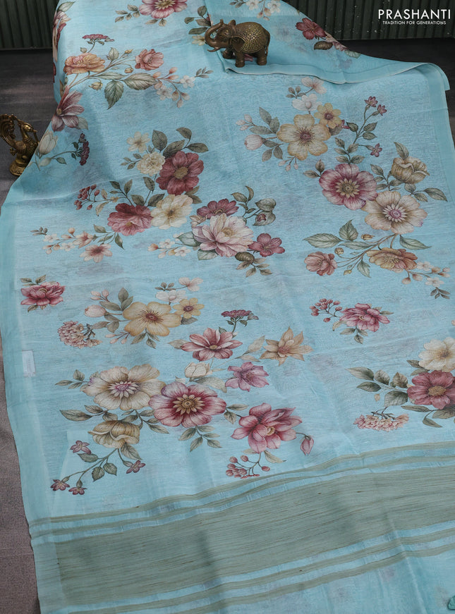 Pure linen silk saree light blue with allover floral prints and simple border