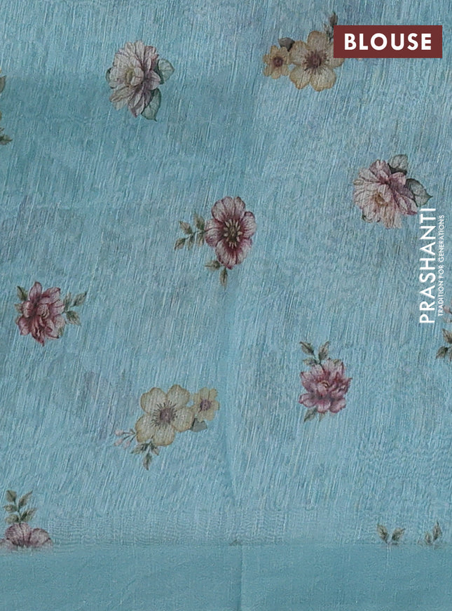 Pure linen silk saree light blue with allover floral prints and simple border