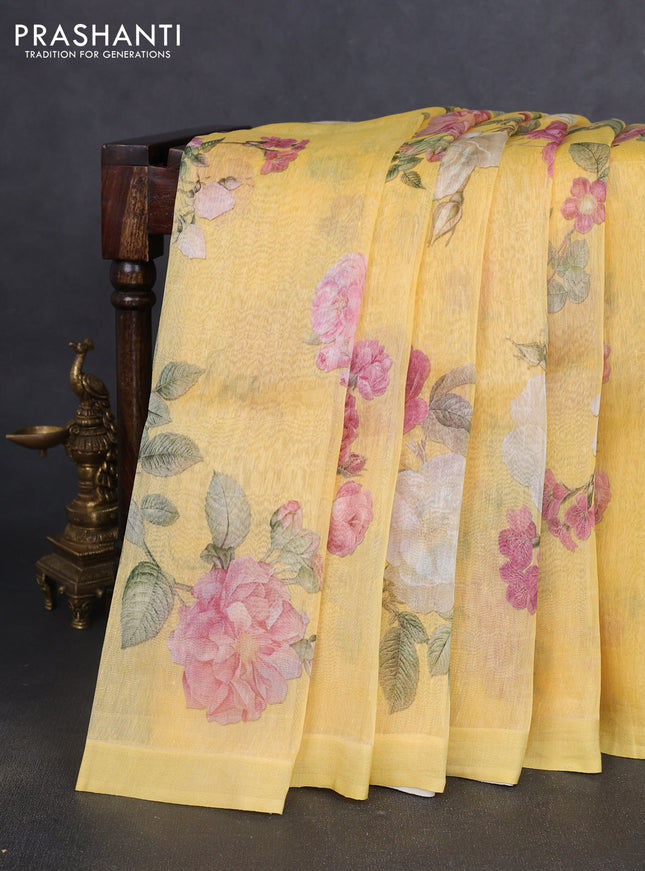 Pure linen silk saree mustrad yellow with allover floral prints and simple border