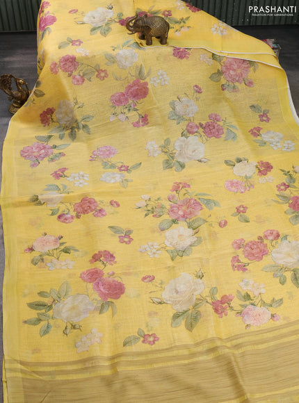 Pure linen silk saree mustrad yellow with allover floral prints and simple border