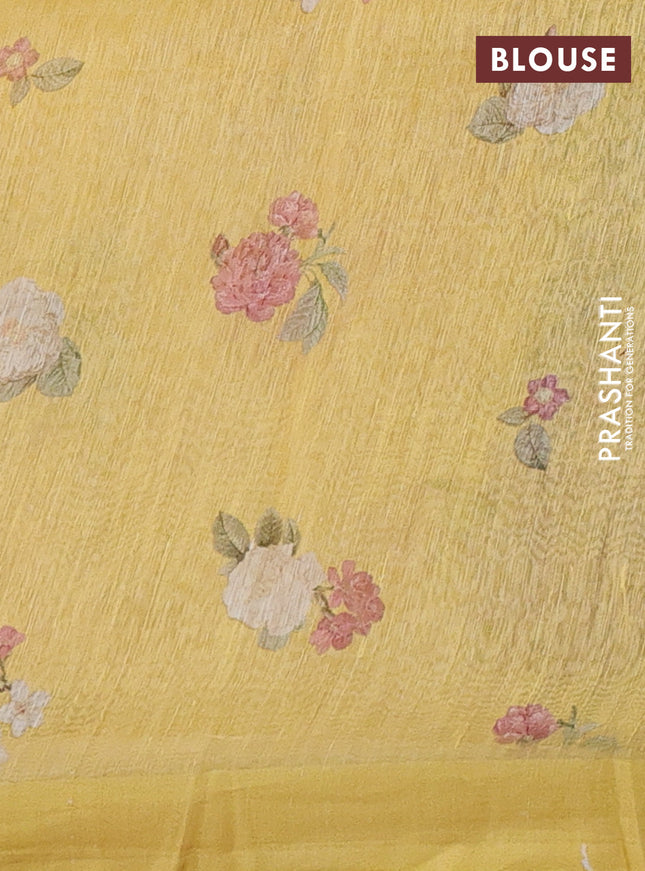 Pure linen silk saree mustrad yellow with allover floral prints and simple border