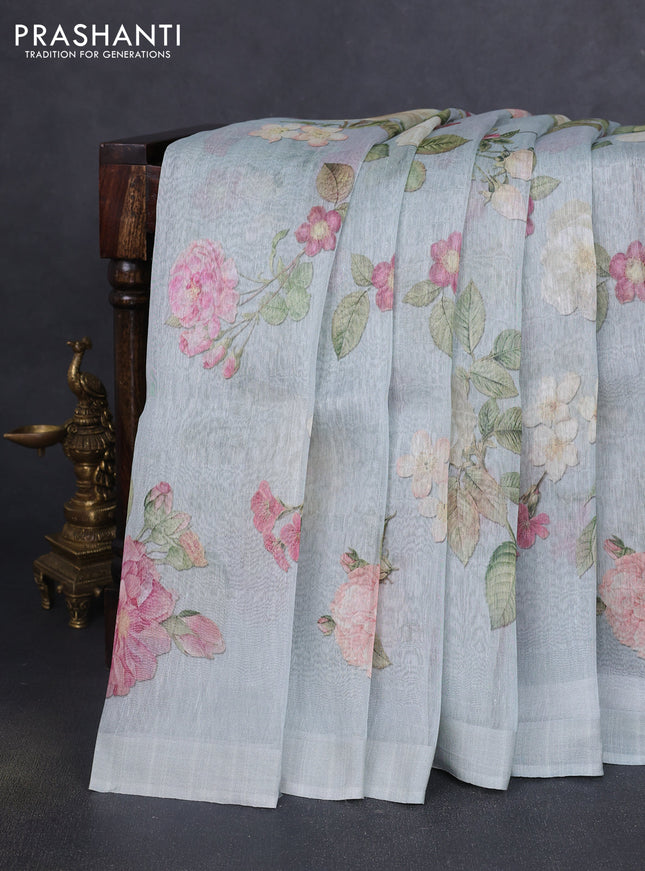 Pure linen silk saree pastel green with allover floral prints and simple border