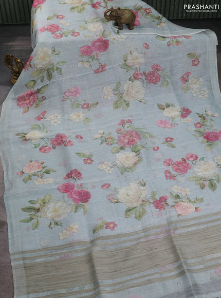 Pure linen silk saree pastel green with allover floral prints and simple border