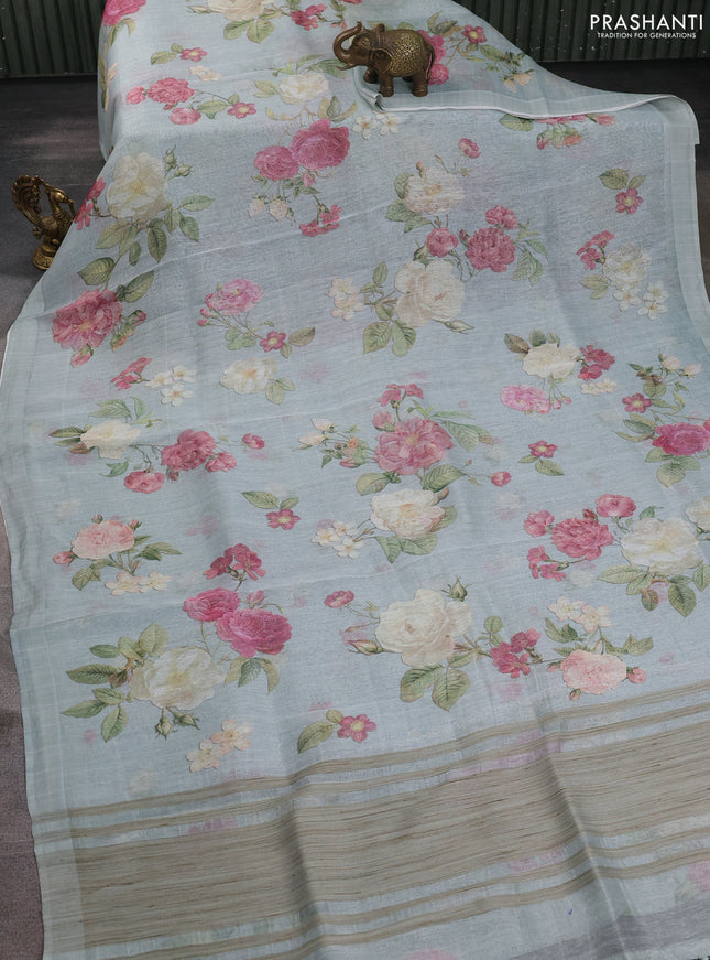 Pure linen silk saree pastel green with allover floral prints and simple border