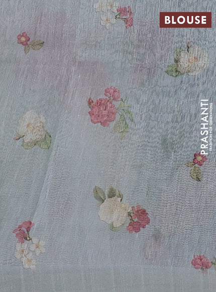 Pure linen silk saree pastel green with allover floral prints and simple border
