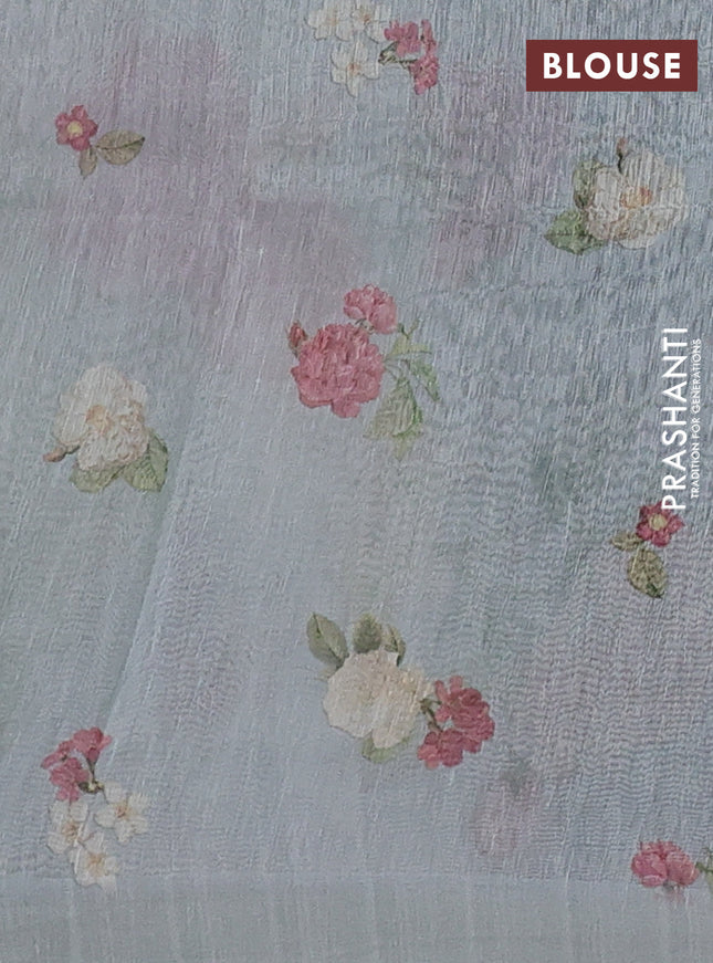 Pure linen silk saree pastel green with allover floral prints and simple border