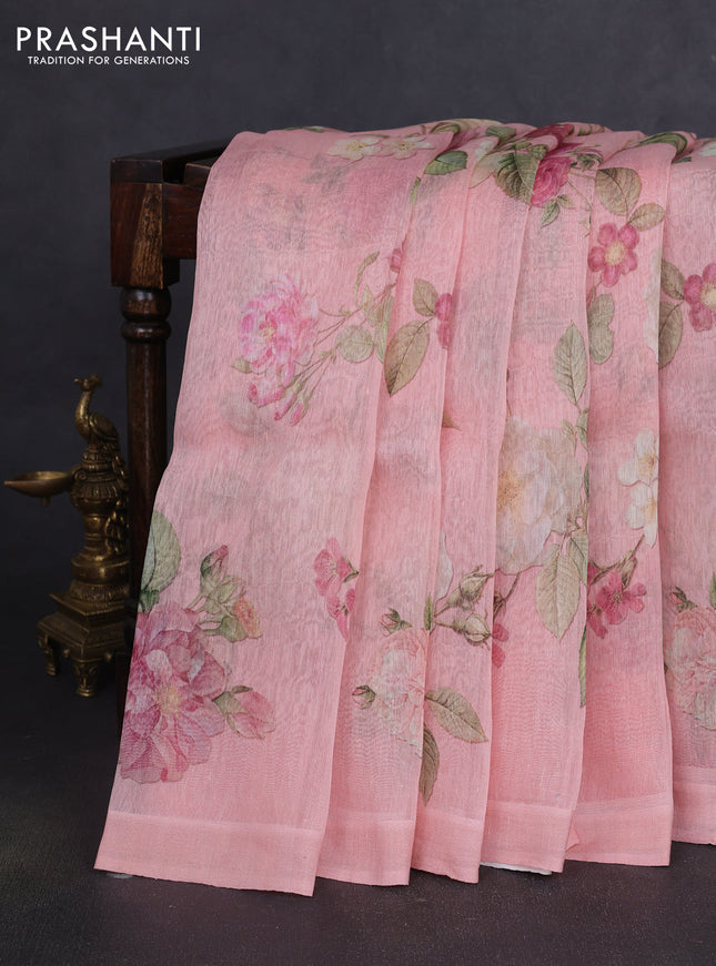 Pure linen silk saree peach with allover floral prints and simple border