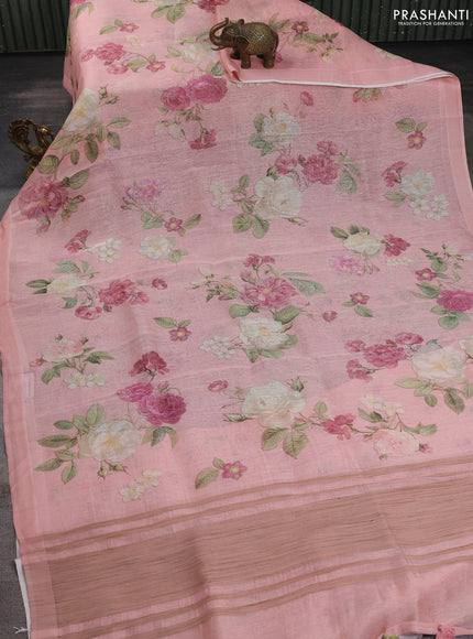 Pure linen silk saree peach with allover floral prints and simple border
