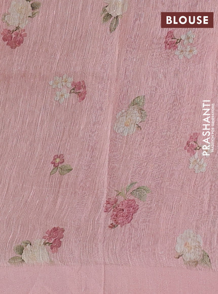 Pure linen silk saree peach with allover floral prints and simple border