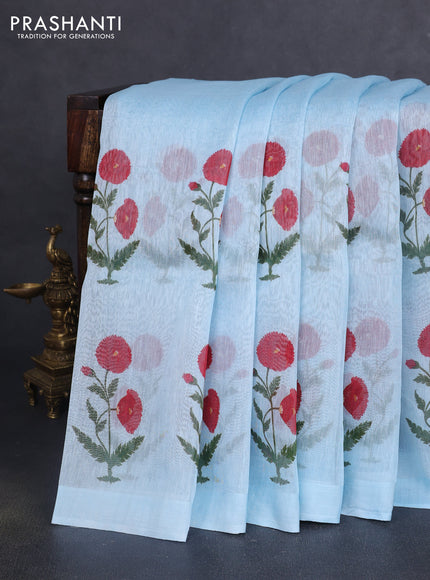 Pure linen silk saree light blue with allover floral prints and simple border