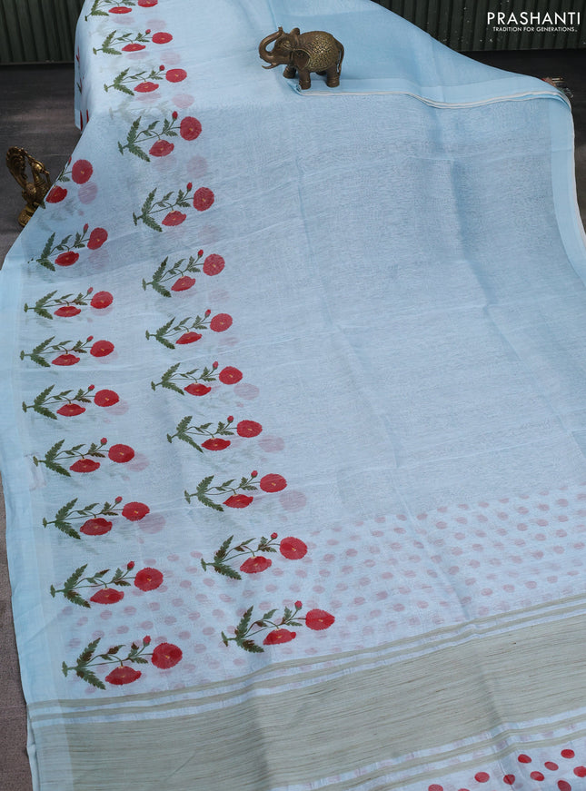 Pure linen silk saree light blue with allover floral prints and simple border
