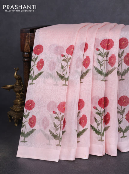 Pure linen silk saree mild peach with allover floral prints and simple border