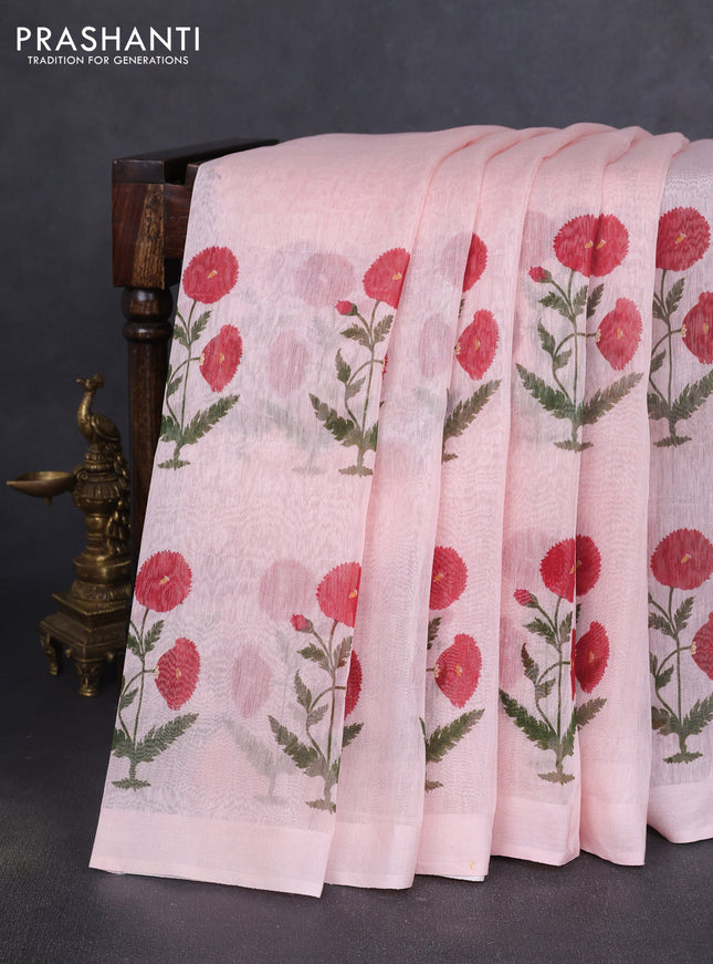 Pure linen silk saree mild peach with allover floral prints and simple border