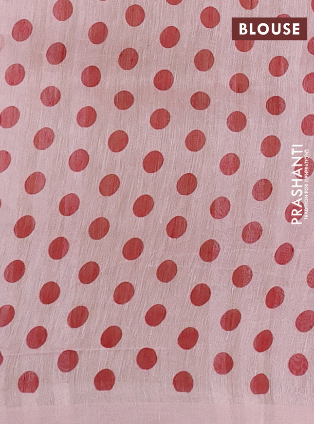 Pure linen silk saree mild peach with allover floral prints and simple border