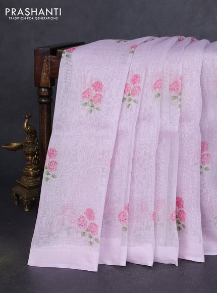 Pure linen silk saree pastel lavender with allover floral prints and simple border
