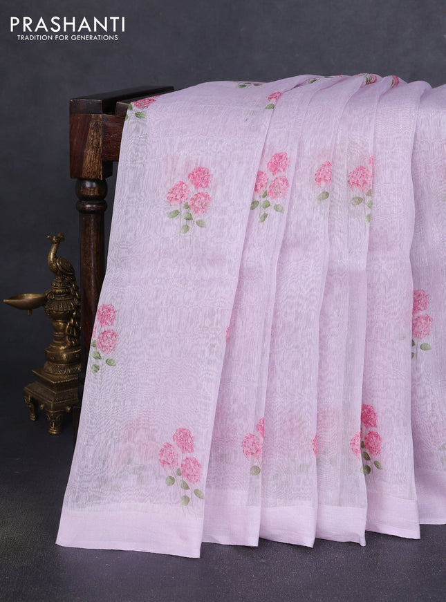 Pure linen silk saree pastel lavender with allover floral prints and simple border