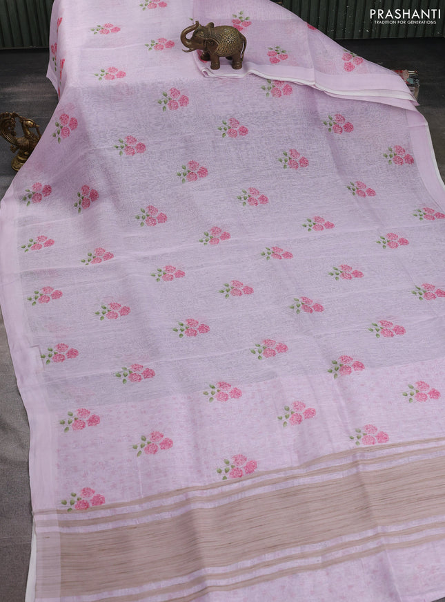 Pure linen silk saree pastel lavender with allover floral prints and simple border