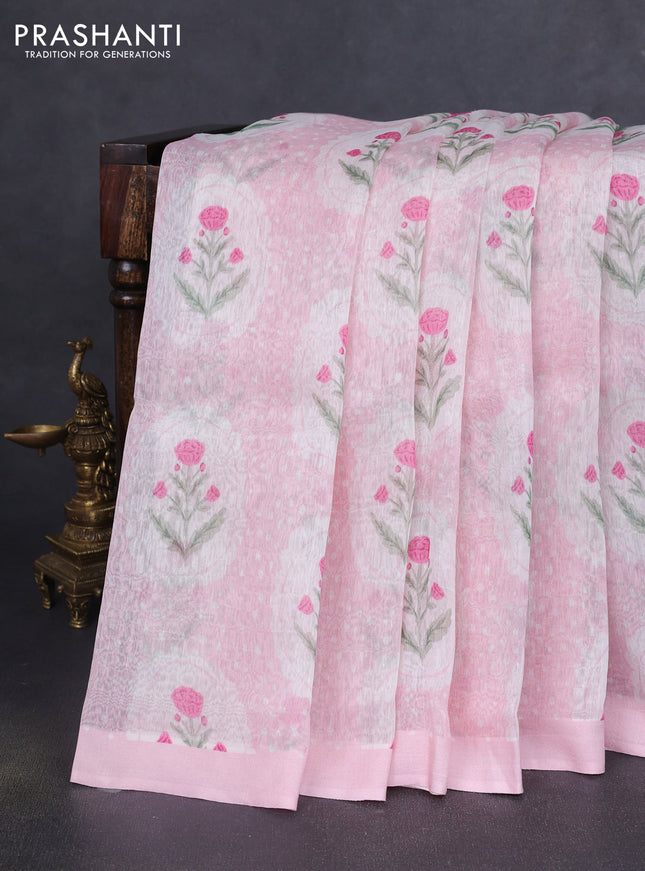 Pure linen silk saree baby pink with allover floral prints and simple border