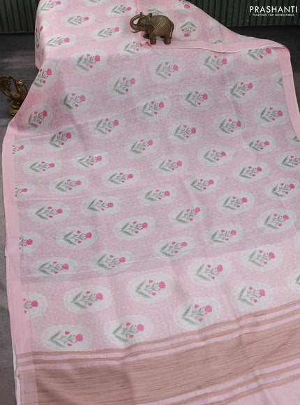 Pure linen silk saree baby pink with allover floral prints and simple border