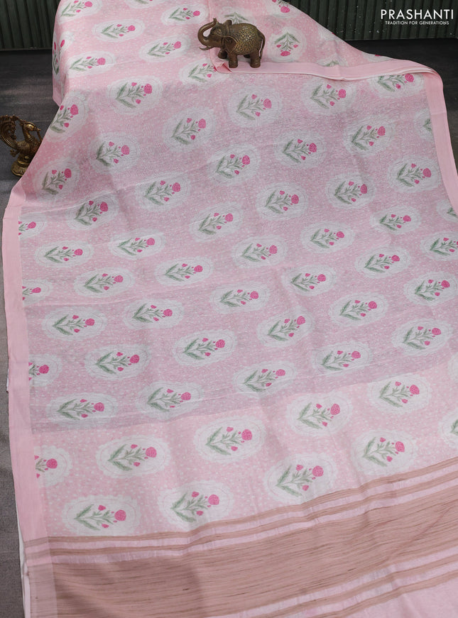 Pure linen silk saree baby pink with allover floral prints and simple border