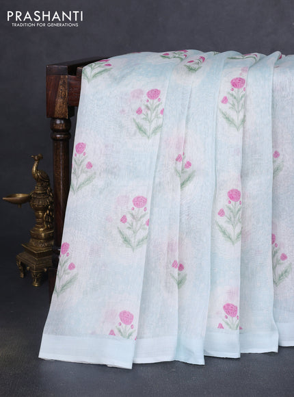 Pure linen silk saree pastel blue with allover floral prints and simple border