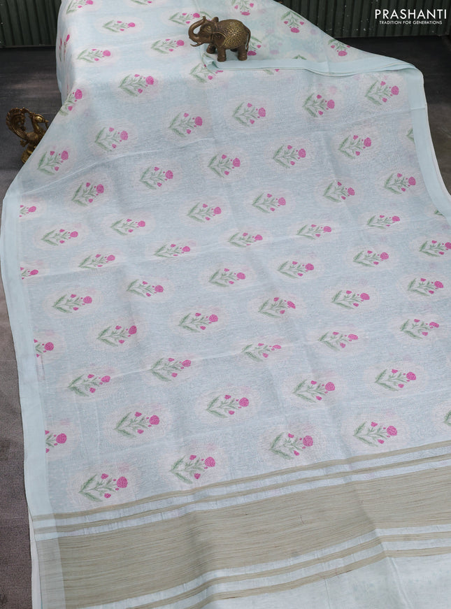 Pure linen silk saree pastel blue with allover floral prints and simple border