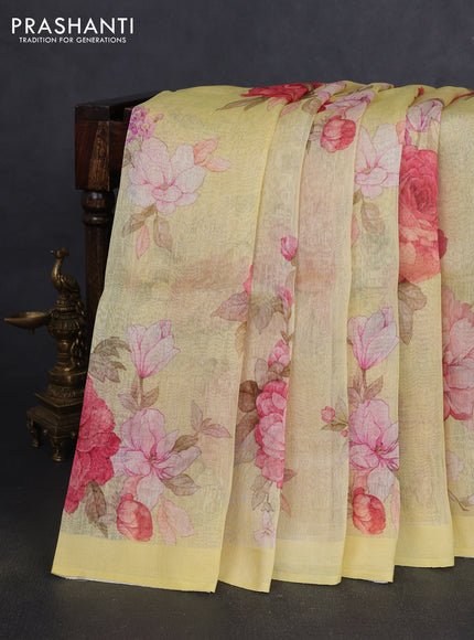 Pure linen silk saree yellow with allover floral prints and simple border