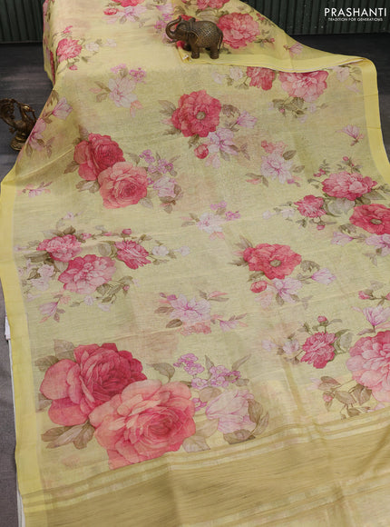 Pure linen silk saree yellow with allover floral prints and simple border