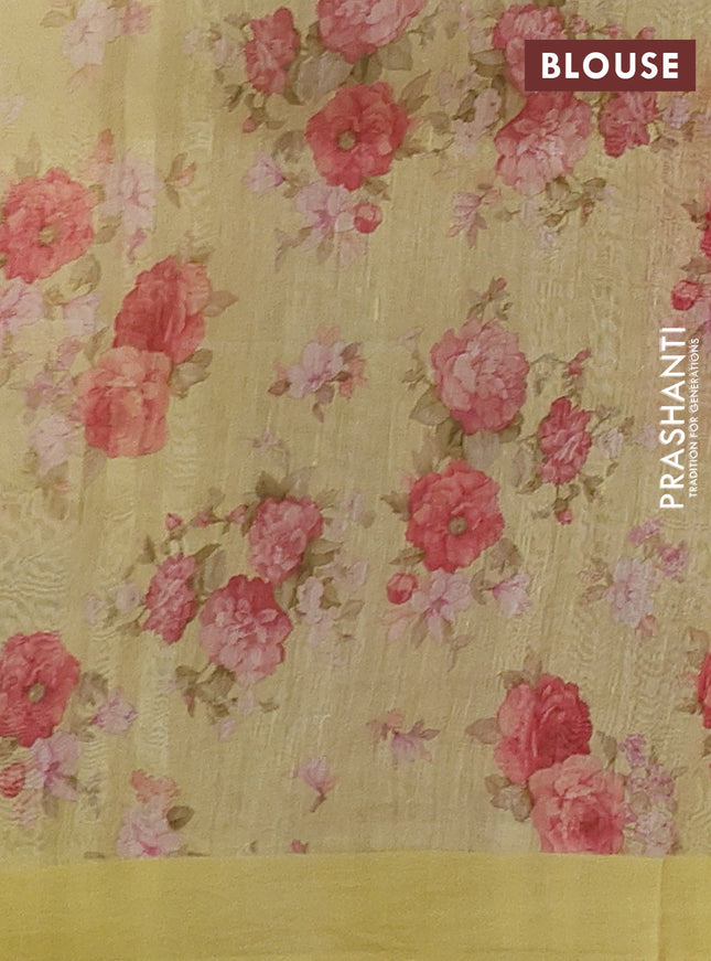 Pure linen silk saree yellow with allover floral prints and simple border