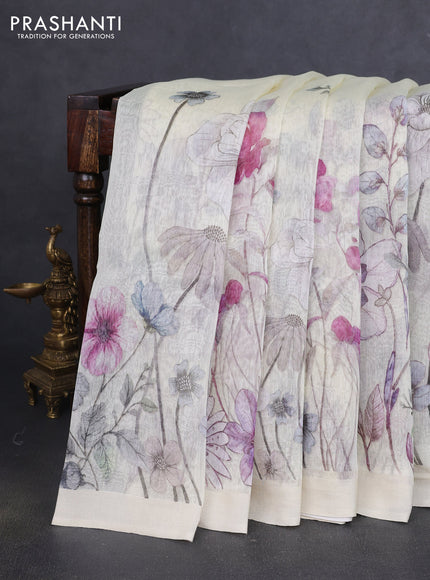 Pure linen silk saree cream with allover floral prints and simple border