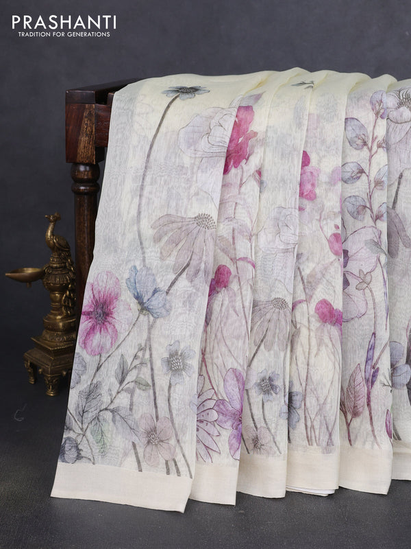 Pure linen silk saree cream with allover floral prints and simple border