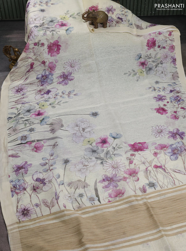 Pure linen silk saree cream with allover floral prints and simple border