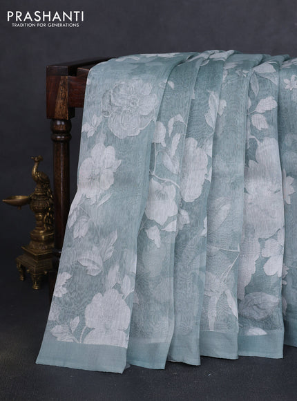 Pure linen silk saree pastel green shade with allover floral prints and simple border