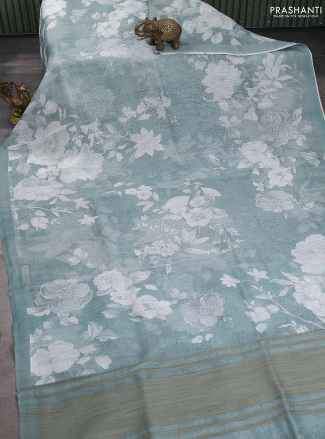 Pure linen silk saree pastel green shade with allover floral prints and simple border
