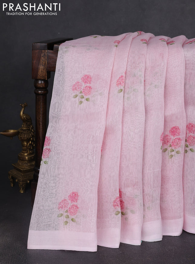Pure linen silk saree light pink with allover floral prints and simple border