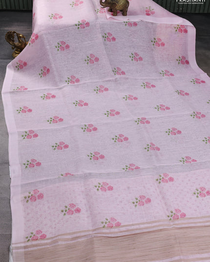 Pure linen silk saree light pink with allover floral prints and simple border