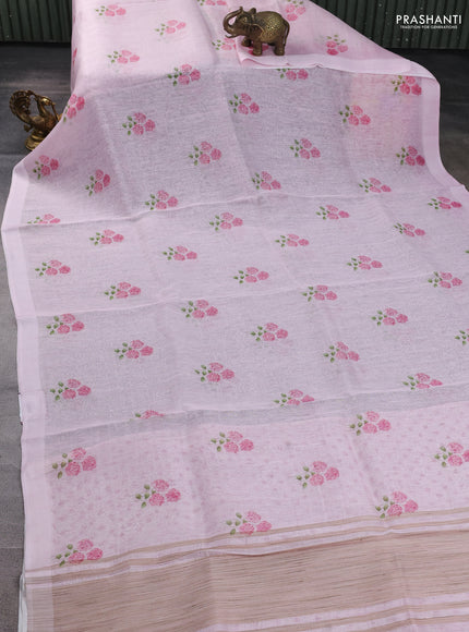 Pure linen silk saree light pink with allover floral prints and simple border