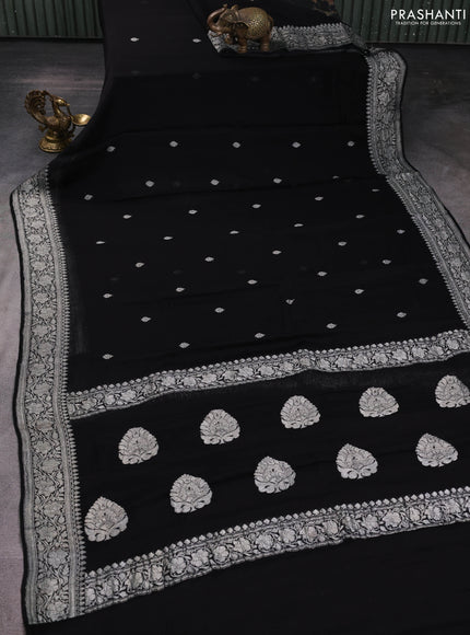Banarasi chiffon saree black with silver zari woven buttas and floral silver zari woven border