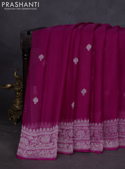 Banarasi chiffon saree dark pink with silver zari woven buttas and floral silver zari woven border