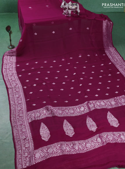 Banarasi chiffon saree dark pink with silver zari woven buttas and floral silver zari woven border