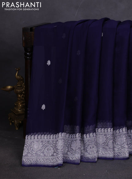 Banarasi chiffon saree navy blue with silver zari woven buttas and floral silver zari woven border